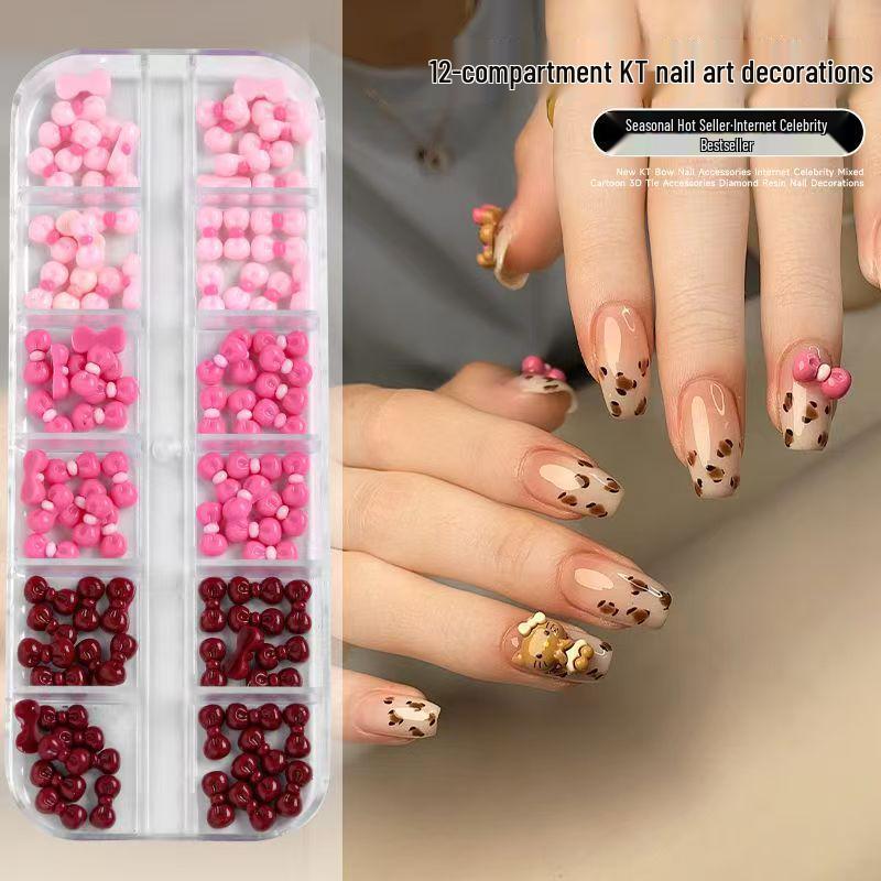 12-Grid Cartoon KT Cat Resin Nail Art Decorations in Wine Red