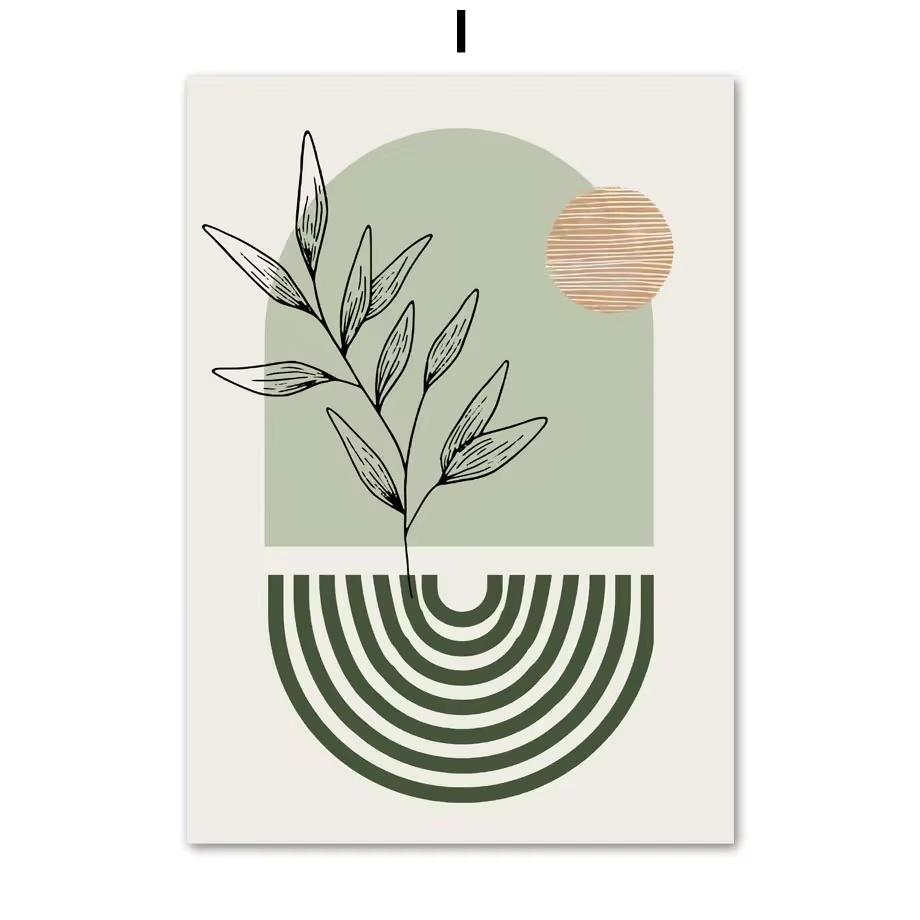 Boho Salbeigrün Pflanzen Leinwandmalerei Abstraktes Kunstwerk Geometrische Wandkunst Nordische Poster und Drucke Wandbilder Dekor