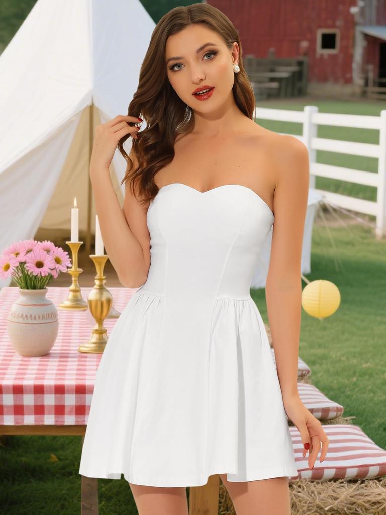 Allegra K Mini Ruffle Tube Dress, Party, Strapless, Exposed Zipper, Solid Color, Women's, White, Size L