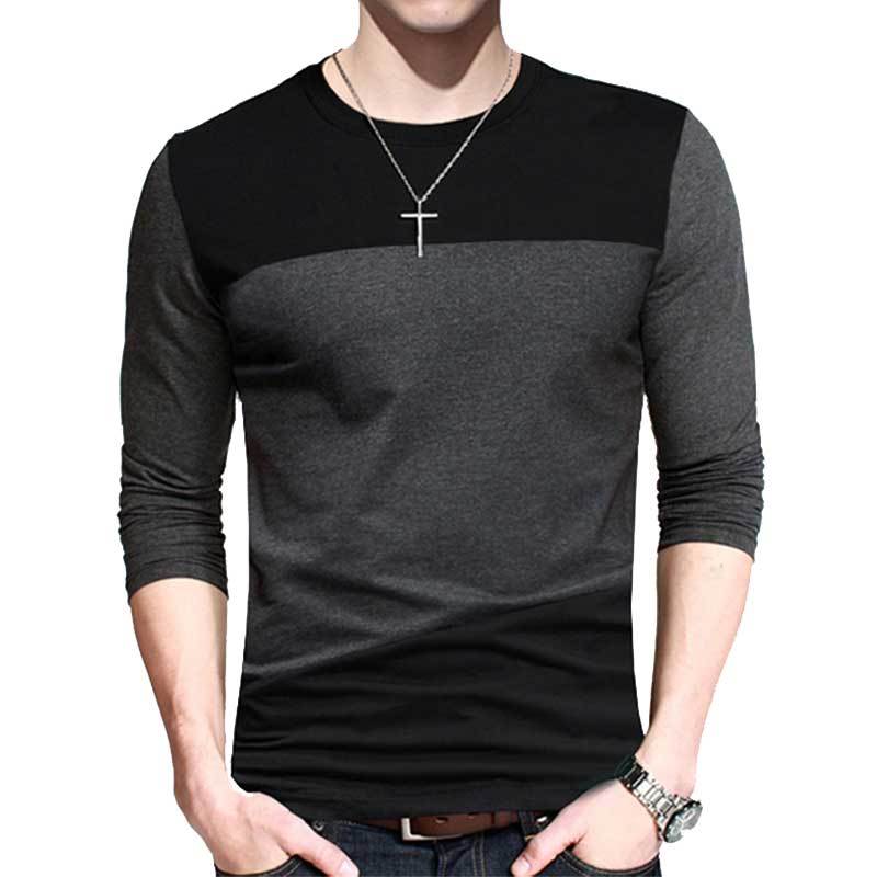 

Мужские модели для весны и осени, футболка с круглым вырезом, контрастной цветной вставкой, длинным рукавом, облегающая, базовая M