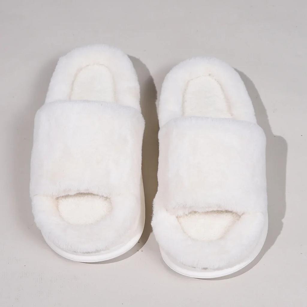 Fashion New Fashion White Fluffy Slippers Women 2025 Winter Warm Thick Sole Home Cotton Shoes Woman Open Toe Faux Fur Platform Slippers