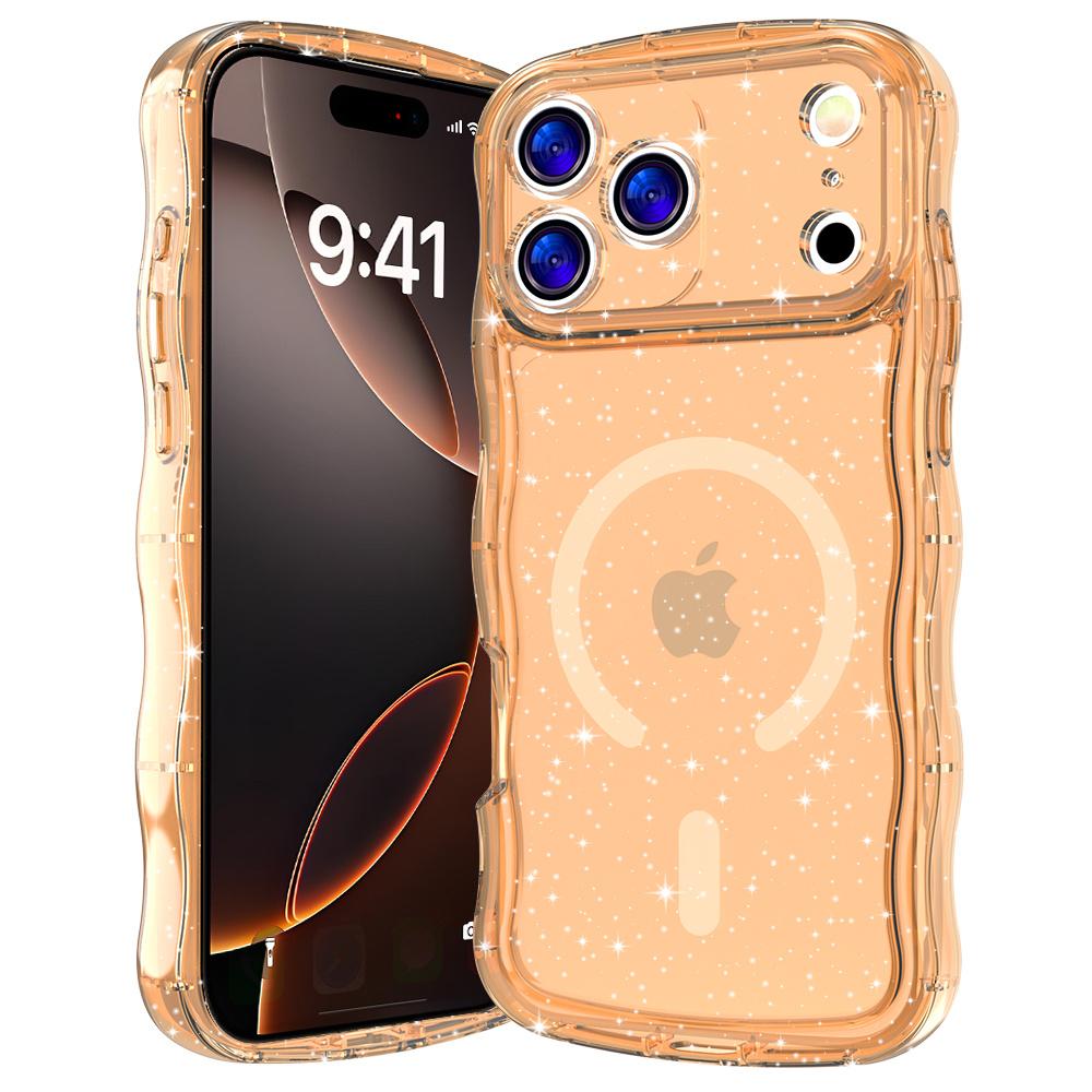 ins Style Wave For Magsafe Glitter Transparent Phone Case For iPhone 15 16 17 Pro Max Plus Lens Protection Wireless Charge Cover