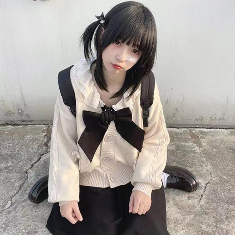 KOSY Kawaii Cardigan Jacket Spring Autumn Japan Fashion Women Vintage Crop Knitted Sweater Cute Bow Korean JK School Coat