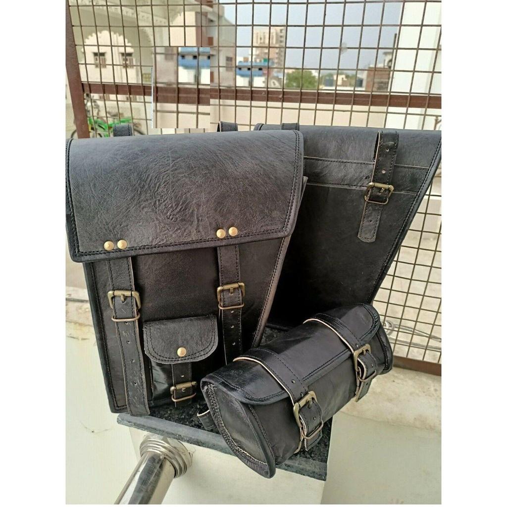 Combo Black Leather Motorcycle Two Saddle Bag Swing Arm Free Tool Pouch