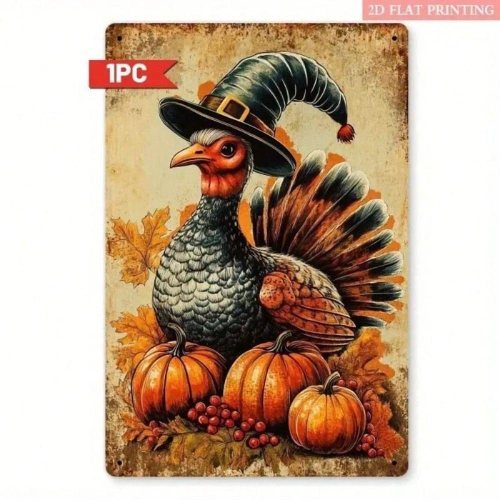 Metal Wall Art Vintage Turkey Pumpkin Tin Sign for Kitchen