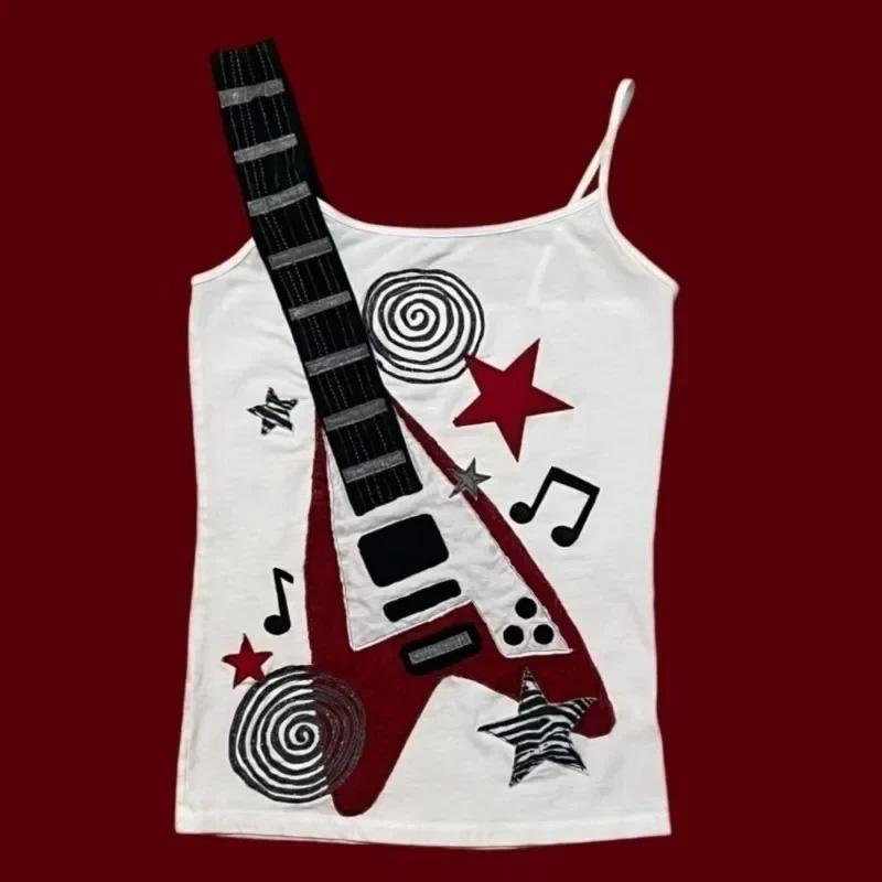 Summer Y2k Punk Rock Trend Visual Design Musical Note Printed Camisole Vintage Fashion Hip Hop Personality Slim Emo Girl Top