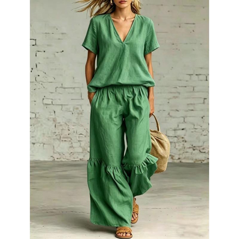 TIFICY Women's Fashion Casual Summer Spring Solid Color Print Short Sleeve V-Neck Trousers Pants Suits