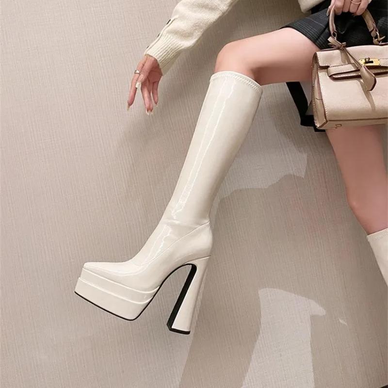 Ultra-high Heels Women Boots Quality Patent Leather Knee High Boots Fashion Pointed Slim Fit Long Boots for Women Platform Boot