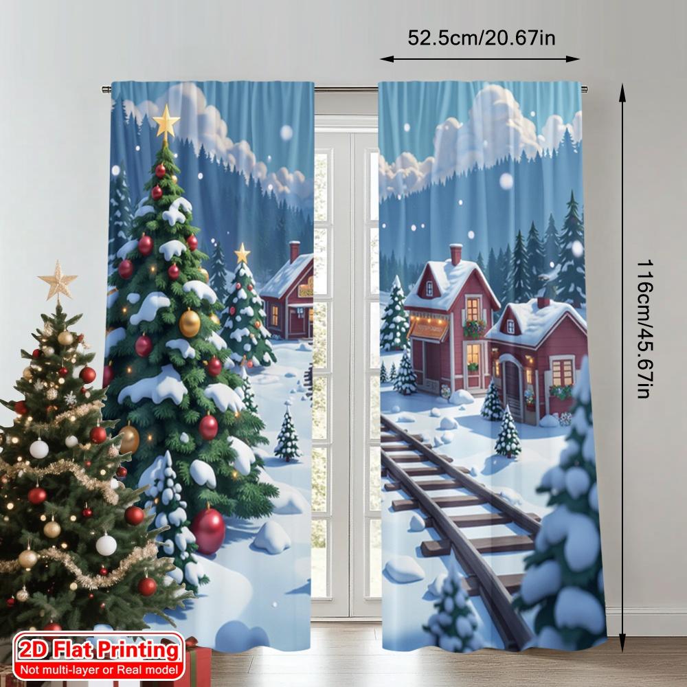 2pcs 2D Flat Printing Merry Christmas Popular Drapes Christmas Village Train Scene_b Polyester Without Electricity Festive