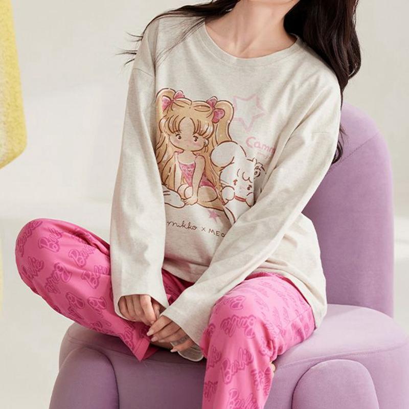 

SUKAE Pink Puppy Printing Women Sleepwear New Pijama Set O-neck Long Sleeve Pijama Осень-Весна Искусственный Хлопок Sleepwear M for 35-48KG