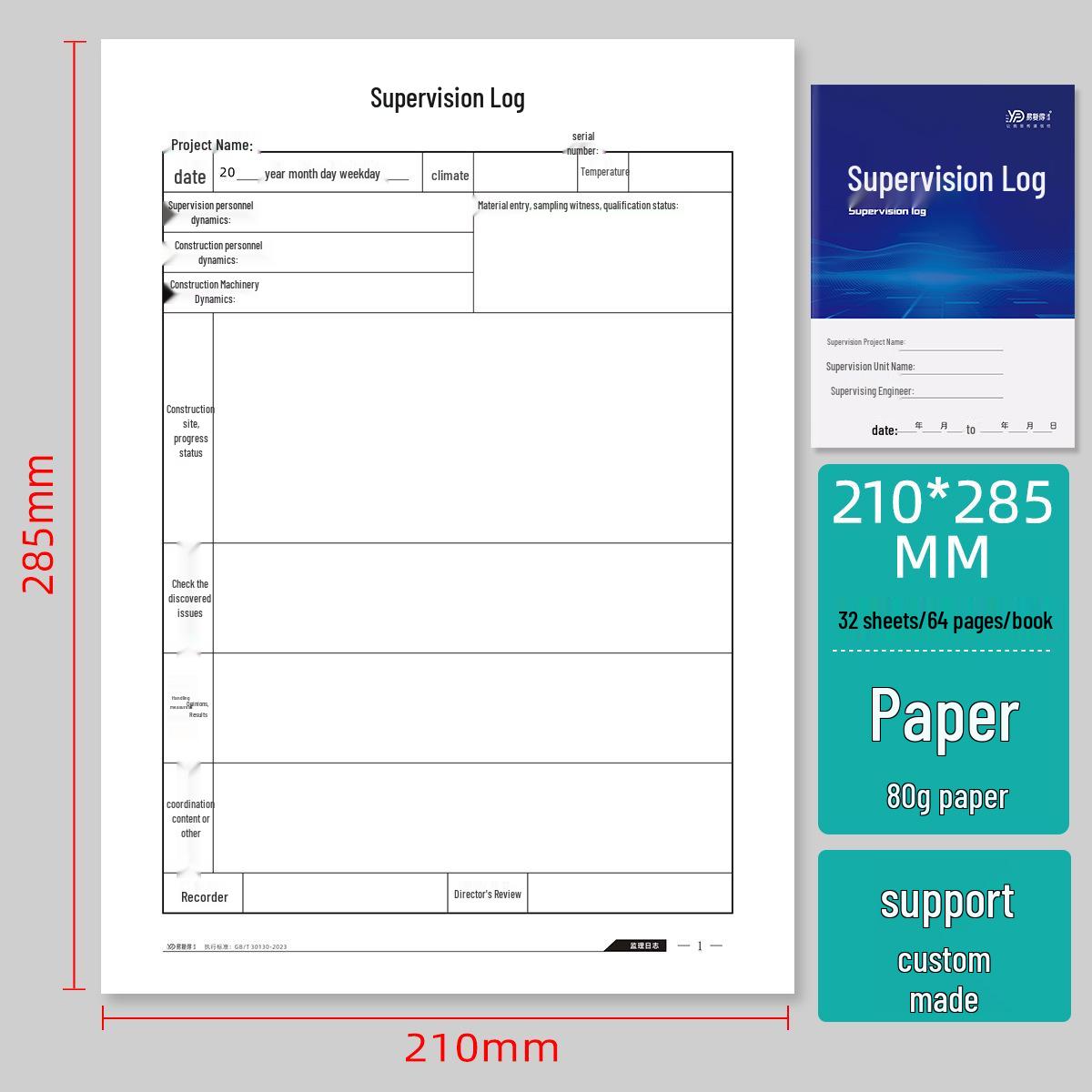 A4 Colored Construction Site Supervision & Daily Logbook 32 Sheets 64 Pages