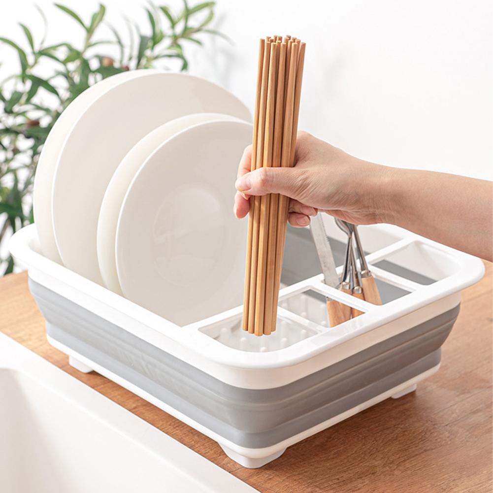 Collapsible Dish Drainer Space Saving Kitchen Storage Tray With Cutlery Divider Plastic Sink Drying Rack for Compact Storage