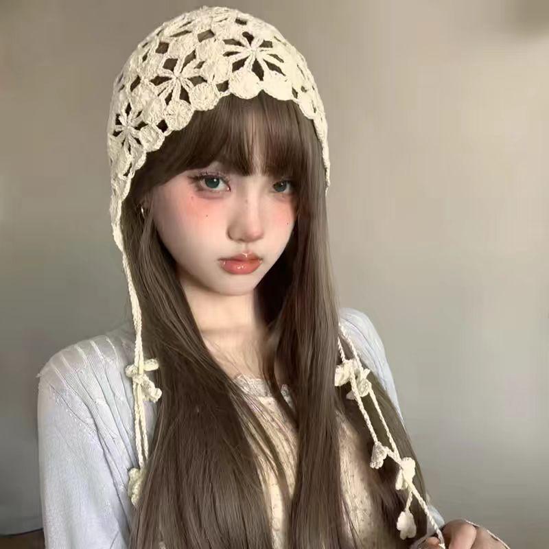 Japanese Hand-knitted Wool Hat, Sweet and Cute Hand Hook Hollow Knitted Bag Head Hat