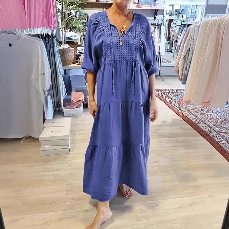 IHUASU Fashion Summer Spring Solid Color Print Short Sleeve V-Neck  Casual Dresses