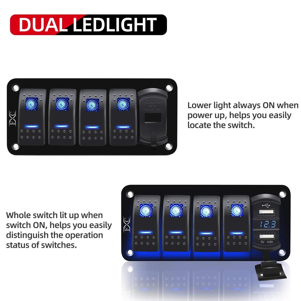 Purishion 4 Gang Rocker Switch Aluminum Panel with Voltmeter & Dual USB(4.8 Amps) Fast Charging, Blue Backlit Led, Pre-Wired IP65 Waterproof for