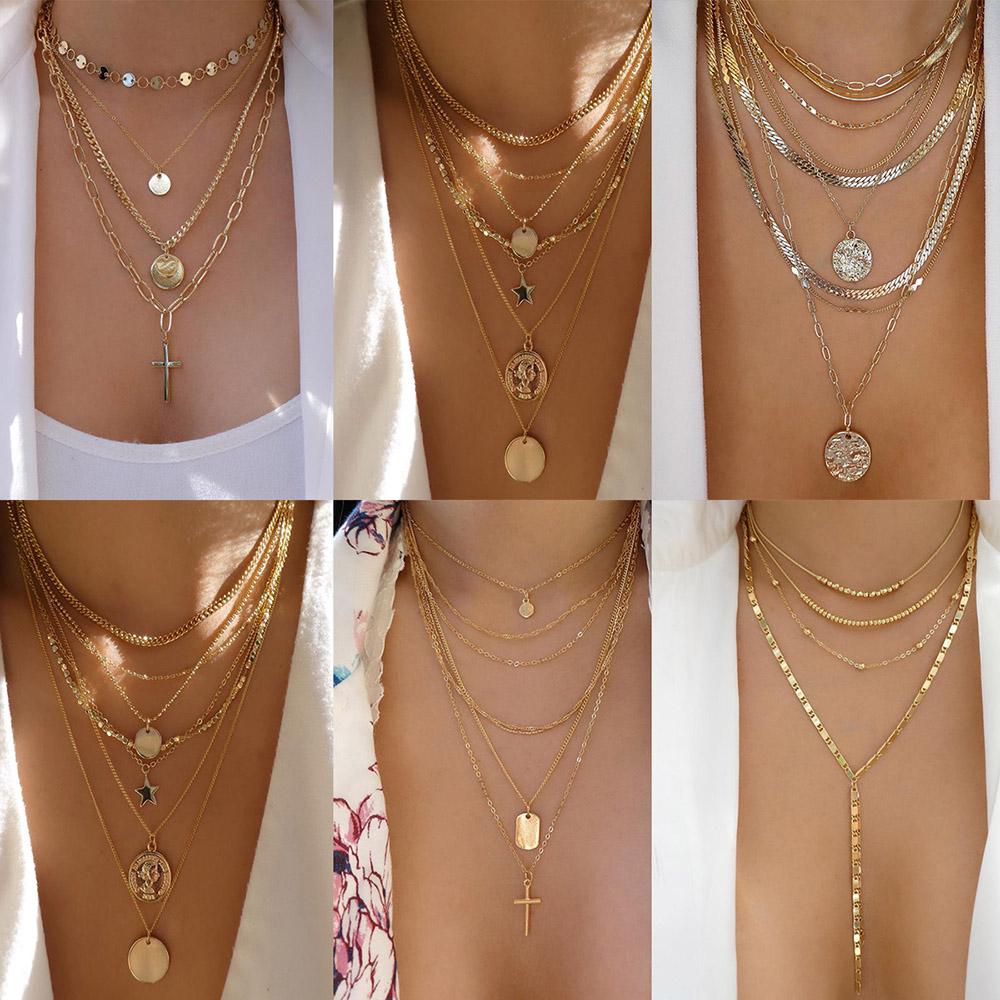Bohemia Gold Multiple Styles Necklace For Women Trendy Multi-Layer Crystal Pendant Necklaces Set Jewelry Gifts