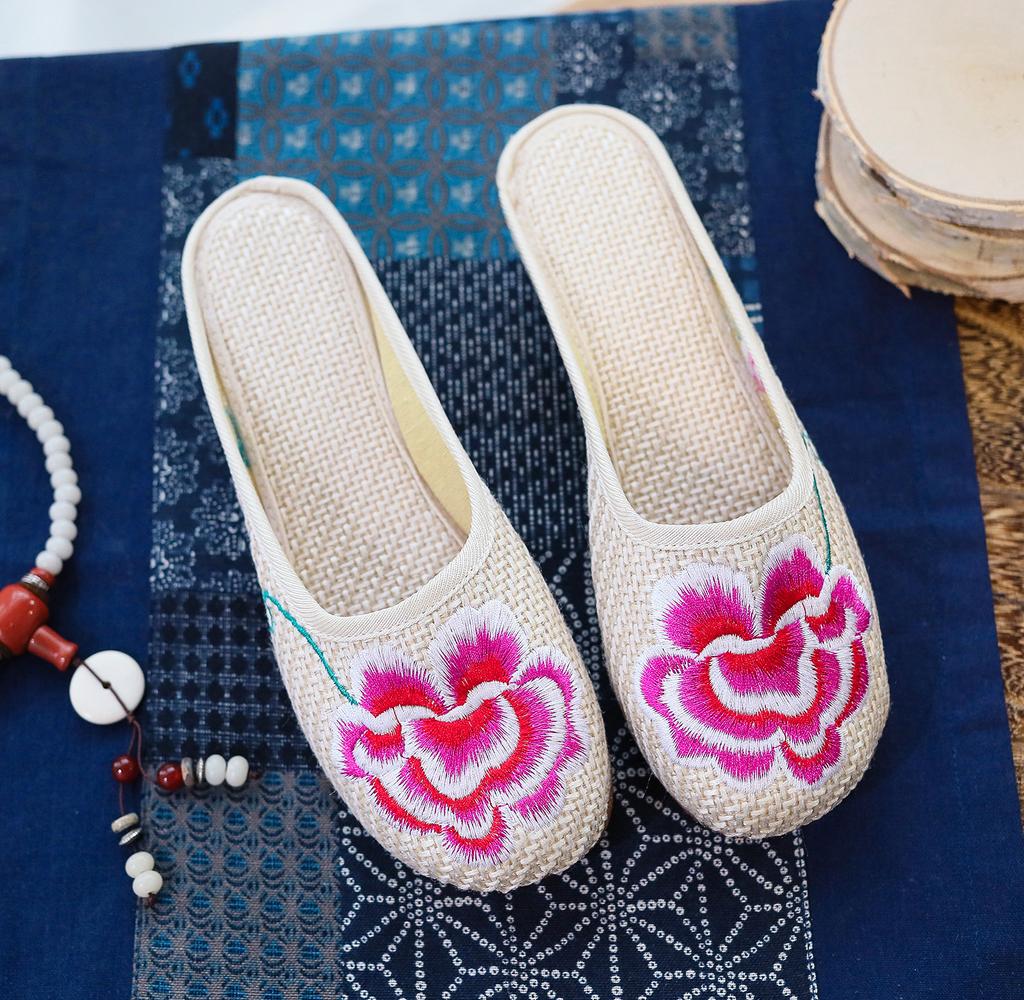 Pantofole, ricamo, scarpe da donna in tessuto, sandali con testa di borsa, per camminare casual in estate, shopping e pantofole con suola in tendine di bue