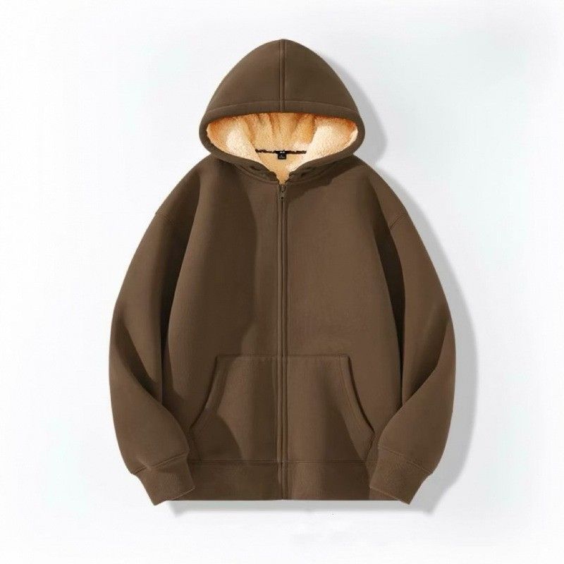 Solid Color Hooded Cardigan Men's Autumn Winter Sheep Plush Coat Thickened Fleece Lined Long Sleeve Hoodie Sweatshirt