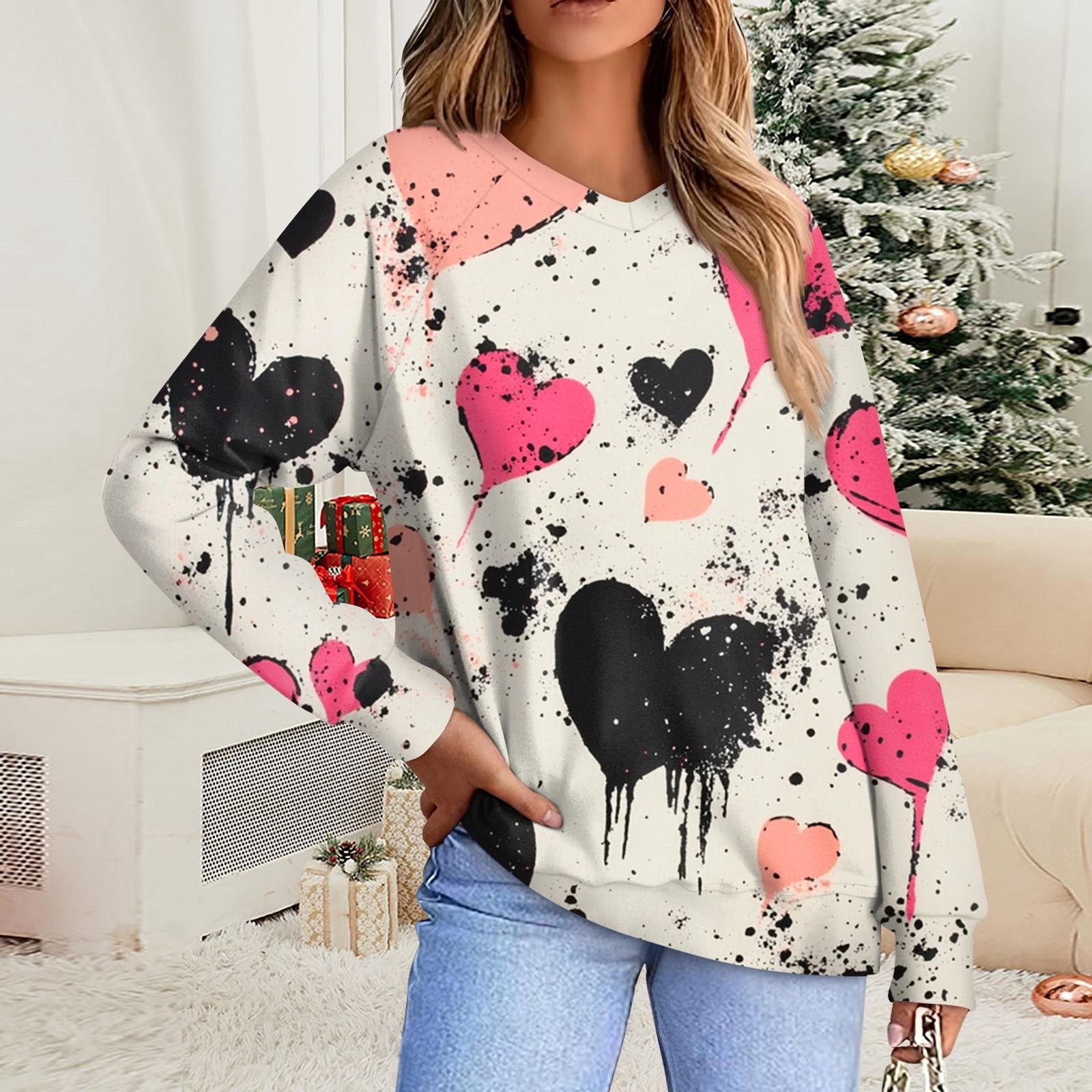 

Женская повседневная мода комфорт с манжетой V-образным вырезом с принтом ко Дню святого Валентина пуловер с капюшоном XL белый