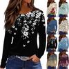 Women's Fashion Casual Slit Hem Round Neck Long Sleeve Loose Printed T-Shirt Ladies Top