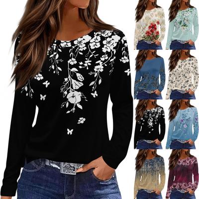 Damenmode Lässig Schlitz Saum Rundhals Langarm Lose Bedrucktes T-Shirt Damen Top
