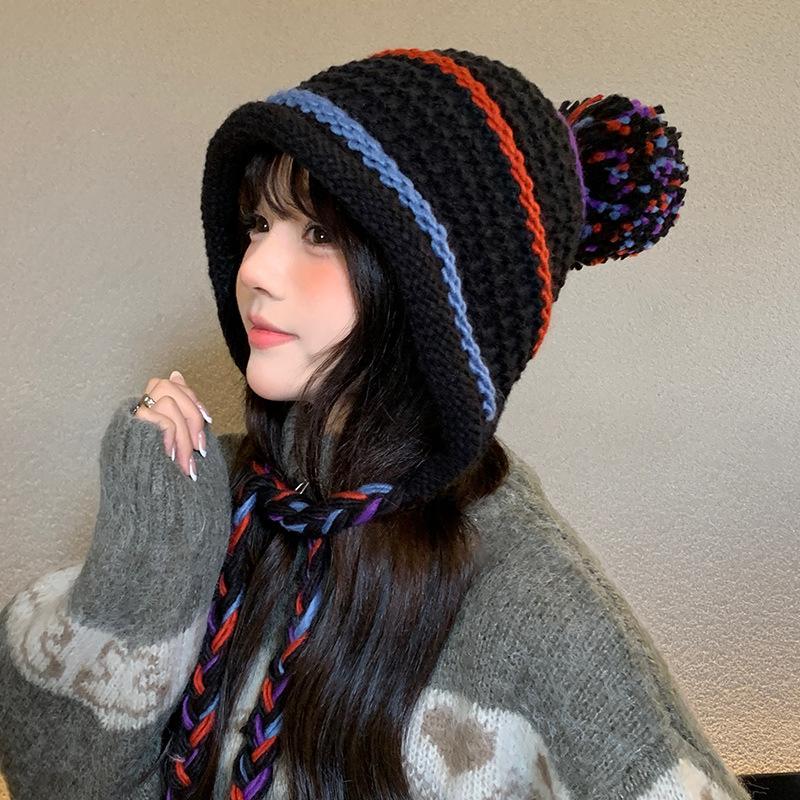 Hand woven Autumn and Winter Warm Hat for Women with Straps and Ear Protection Knitted Hat Showing Face Small Pullover Hat Tassel Woolen Hat