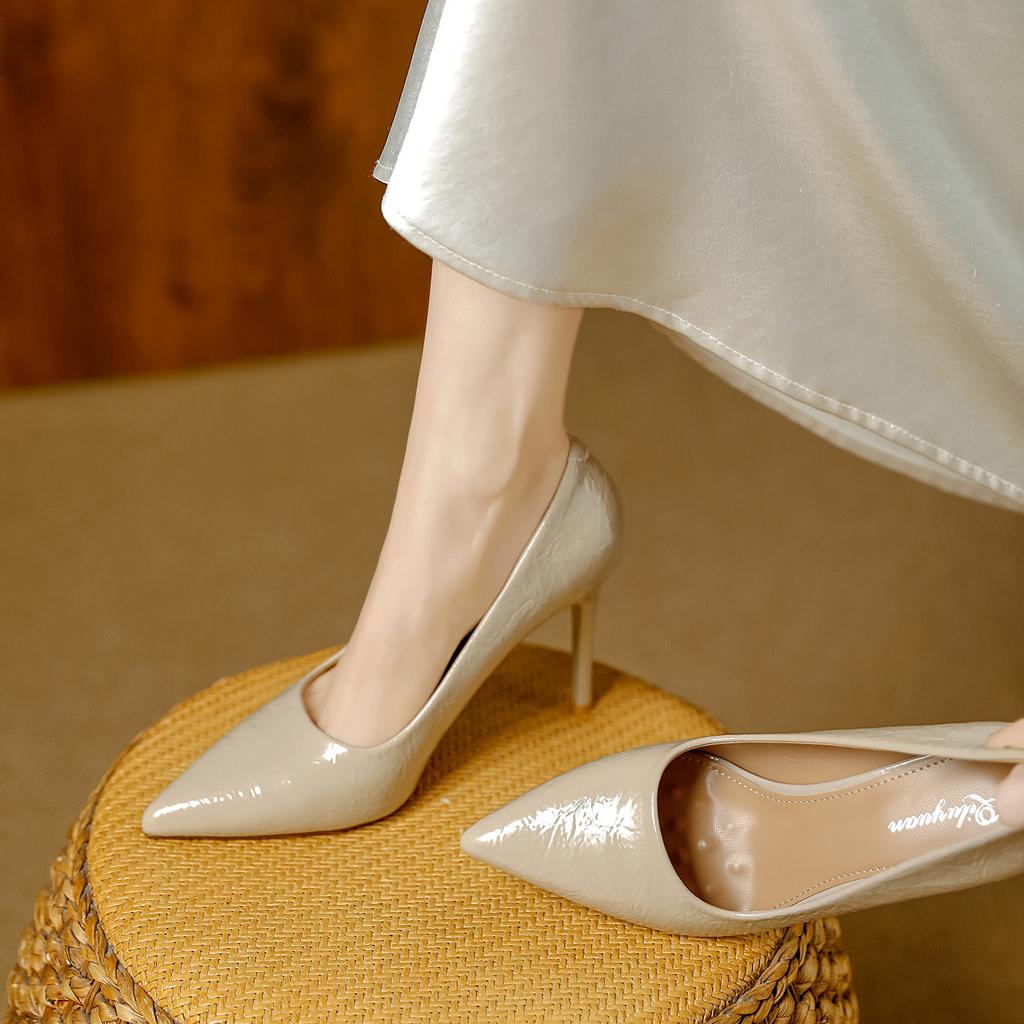 stiletto high heels 2026 spring solid color soft leather pointed commuter work shoes foot cover light mouth single shoes