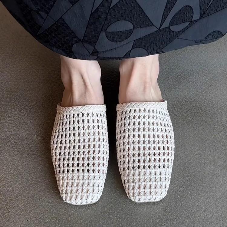 Soft Leather Version~ Hand-woven Mesh Yarn Bag Head Sandals Women's French Versatile Hollowed-out Outer Wear Square Head Flat Bottom Half Slippers