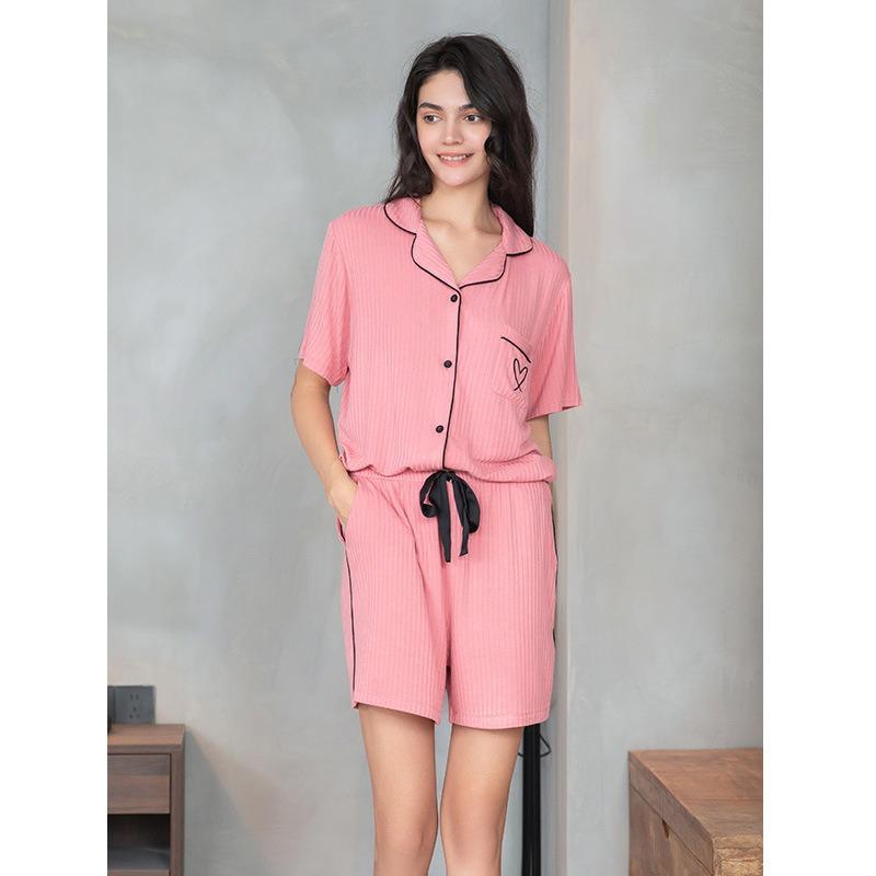 Ladies Summer Cool Feeling Short Sleeve Loungewear Shorts Set Love Pocket Solid Colour Stripe Modal Cotton Pajama Set
