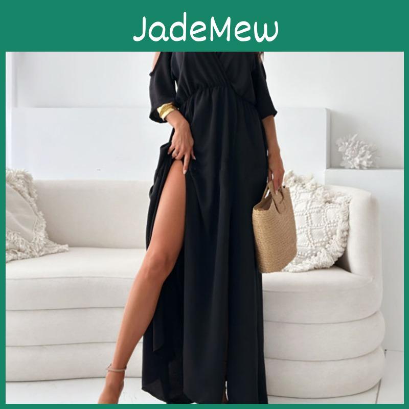 Yyfs Spring Summer Womens Fashion Solid Color Print 12 Sleeves Vneck Middle Waistline Casual Dresses