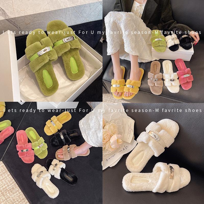 2025 Herbst- und Wintermode einfache Gürtelschnalle Internet-Berühmtheit flauschige Hausschuhe Damenbekleidung lässige dicksohlige Ein-Wort-Baumwollschuhe