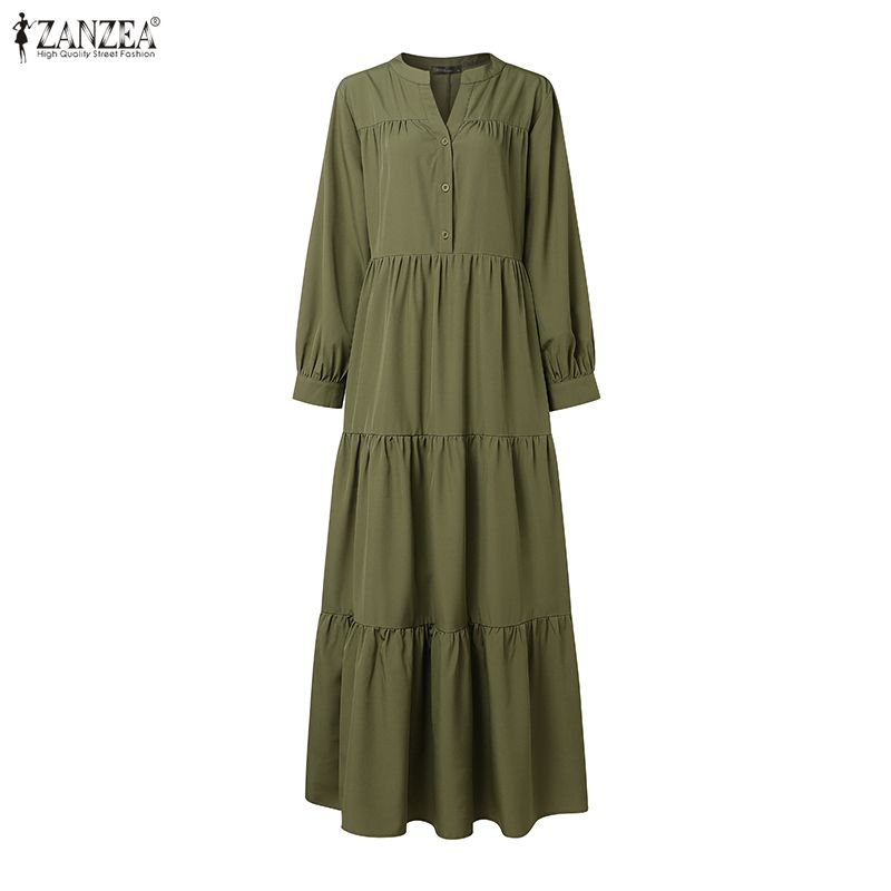 ZANZEA Women Casual Round Neck Solid Color Long Sleeve Long Dress
