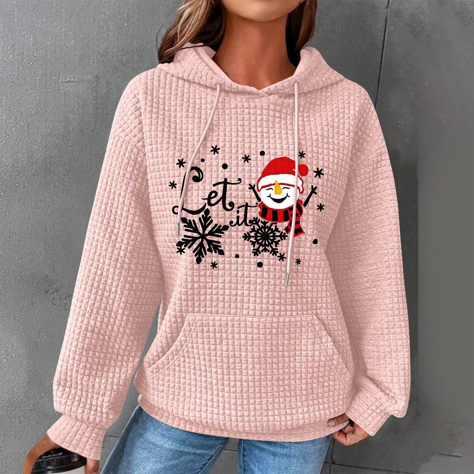 

Женская модная толстовка с длинным рукавом и рождественским принтом, пуловер на шнурке с карманом, толстовка XL розовый