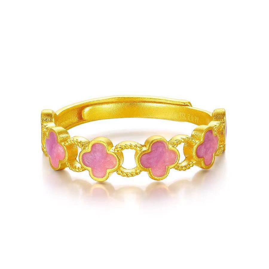 Gold Enamel Four-Leaf Clover Open Ring - Lucky, Fashionable Gift for Best Friend