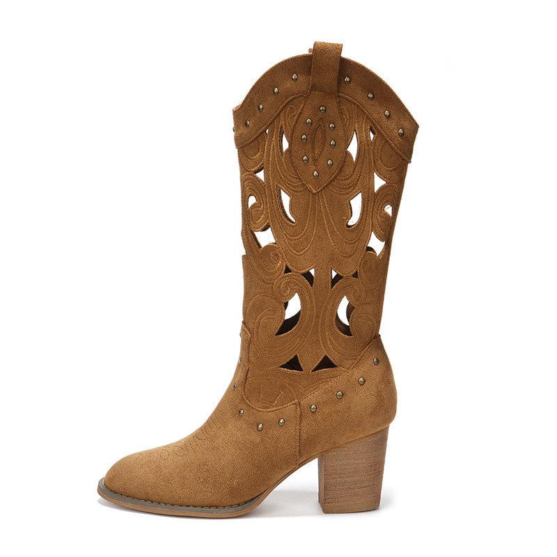 2025 summer new foreign-style western cowboy boots embroidered hollow Martin boots medium tube thick heel V-mouth rivet knight boots~