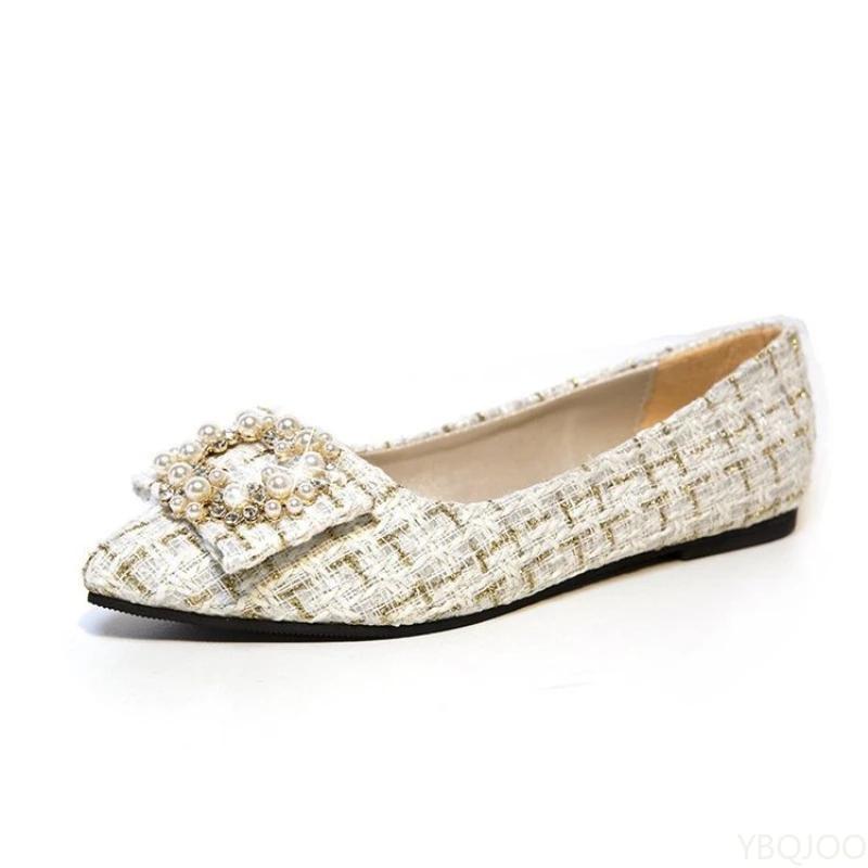 Mote Perle rund spenne enkel sko Mote rutete Dame Flats Nye spisse sko med lav munn Casual komfortable dameflats Mujer