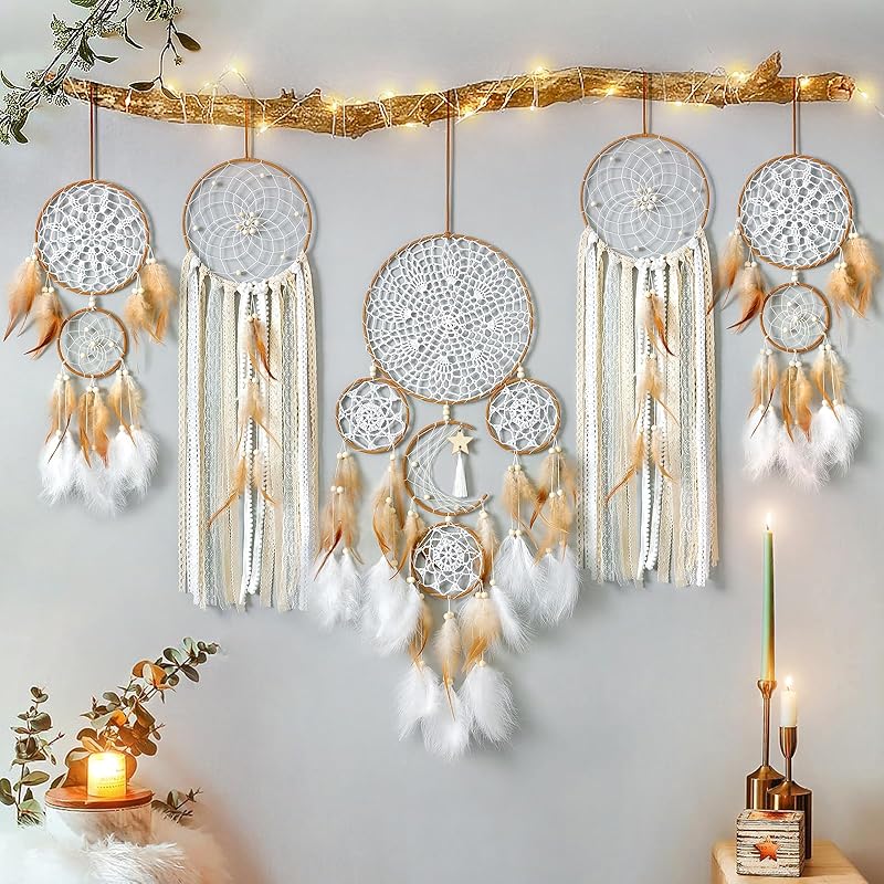 LOMOHOO 5 Pack Dream Catcher Moon and Sun Design Boho Wall Hanging Decor Handmade Traditional Feathers Dream Catchers for Kids Bedroom Living Home
