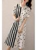Plus Size Polka Dot Shirt Dress with Waist-Cinching Vertical Stripes and Polo Collar (80-300 Jin), Casual Summer Wear