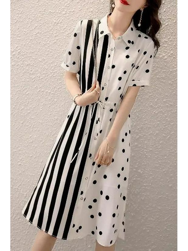 Plus Size Polka Dot Shirt Dress with Waist-Cinching Vertical Stripes and Polo Collar (80-300 Jin), Casual Summer Wear