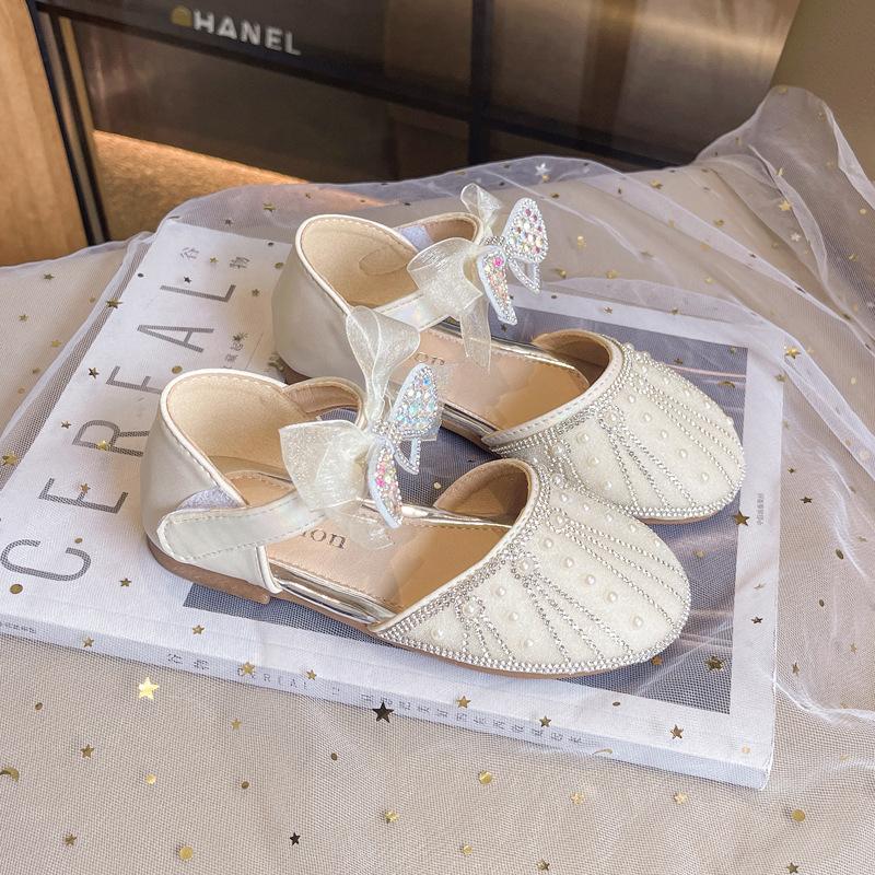 New Girls Princess Sandals Summer Luxury Rhinestone Bowtie Children's Dress Shoes Fashion Kids Wedding Party Flat Sandals Soft