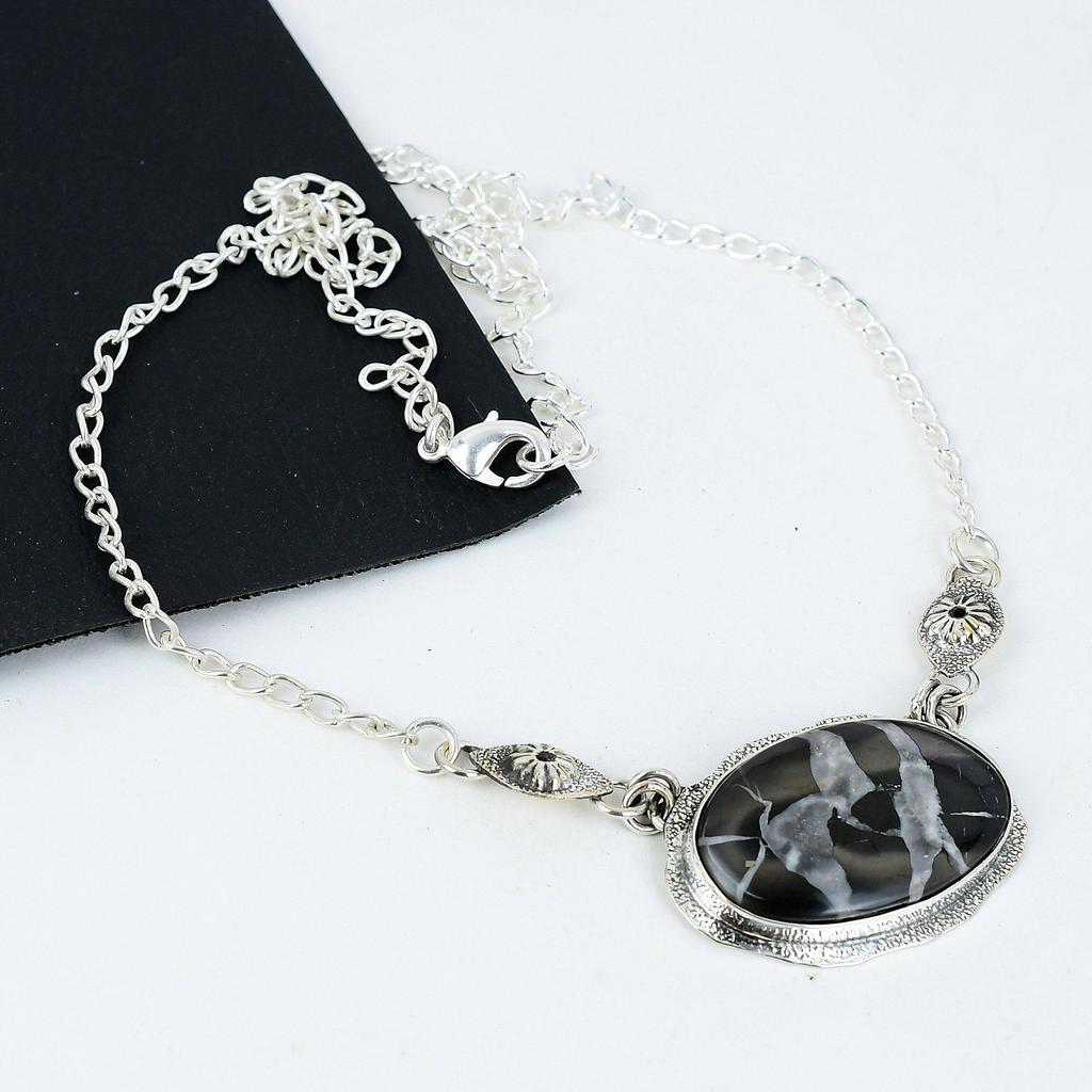 Natural Mud Crack Jasper Gemstone Handmade 925 Sterling Silver Electroform Necklace, Mud Crack Jasper Silver For Wife Unisex Pendant Birthday Gift