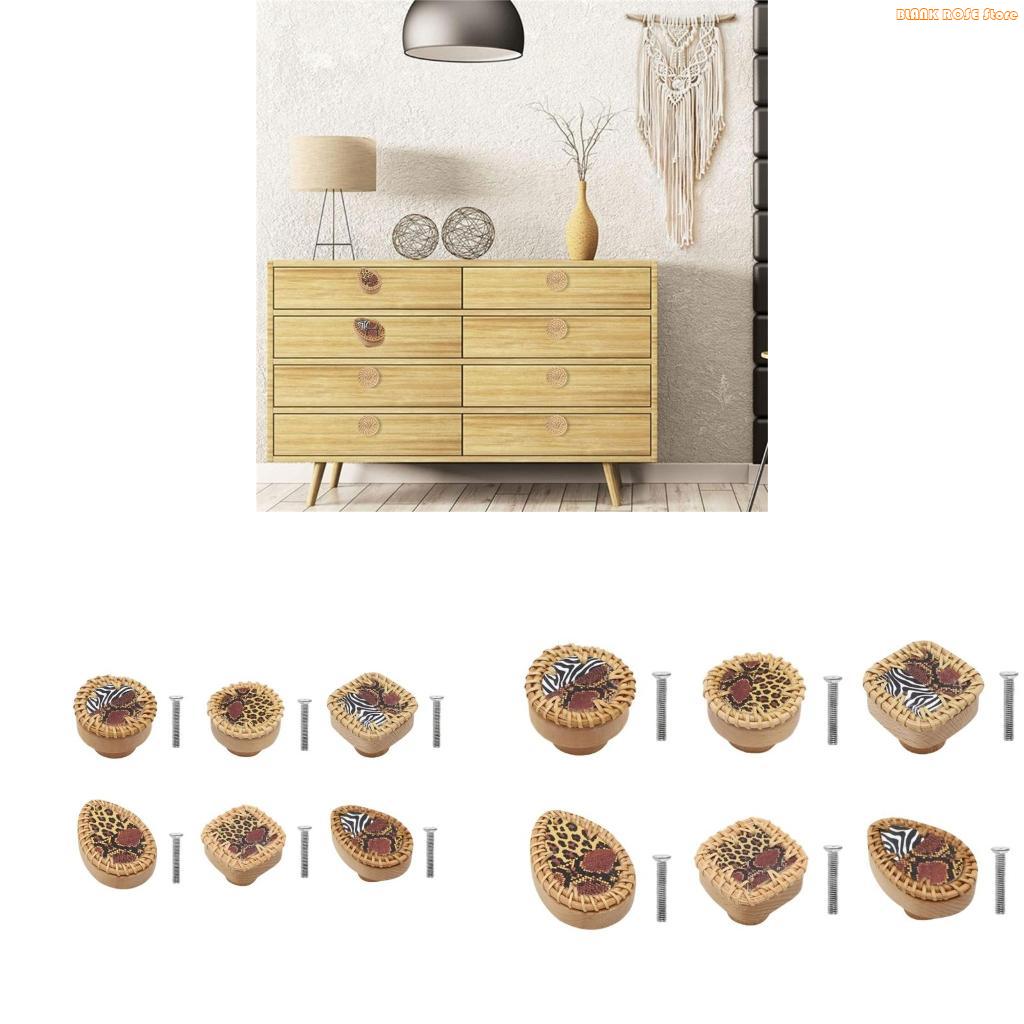 K1AE Wardrobe Knob Rattan Wooden Drawer Handle Cupboard Pulls Easy to Install