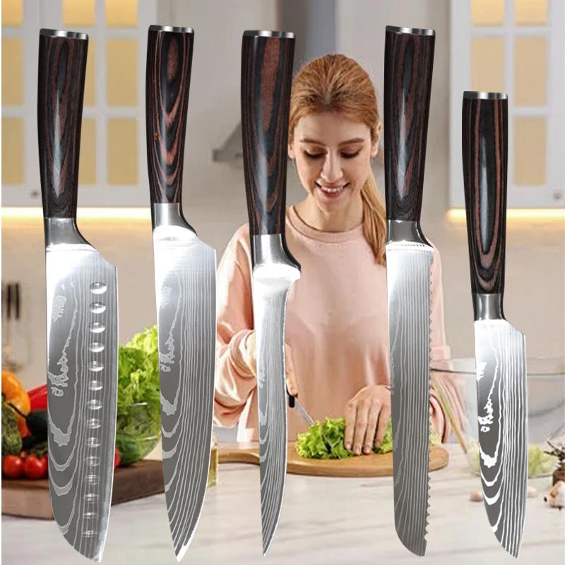 5pcs Sharp Damascus Pattern Professional Kitchen Knives Butcher Knife Bread Knife Hand-forged Stainless Steel Fruit Knife