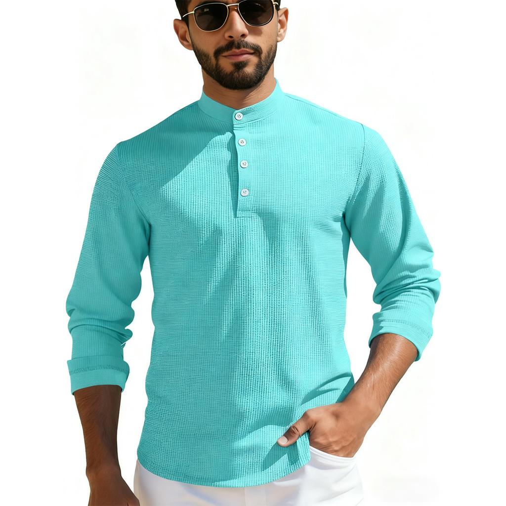 Mens Long Sleeve  Casual T-Shirts For Men Plaid Textured Top 4-Button Muscle Tee Baseball Golf