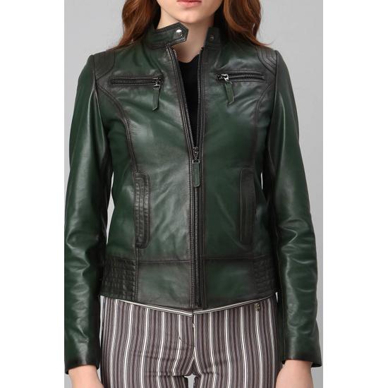 Paltoane de damă, cu fermoar, piele naturală, de culoare verde, paltoane de damă