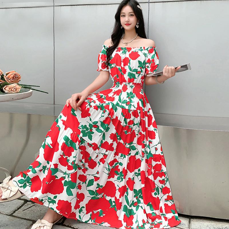 Bohemian Maxi Dress With Elastic Waist For Summer Beach Vacation And Artful Style