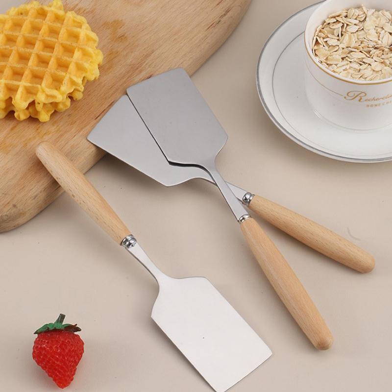 Stainless Steel Square Head Steak Cooking Spatula Wood Handle Pizza Shovel Pancake Beef Scraper Bbq Utensils For Kitchen CDN