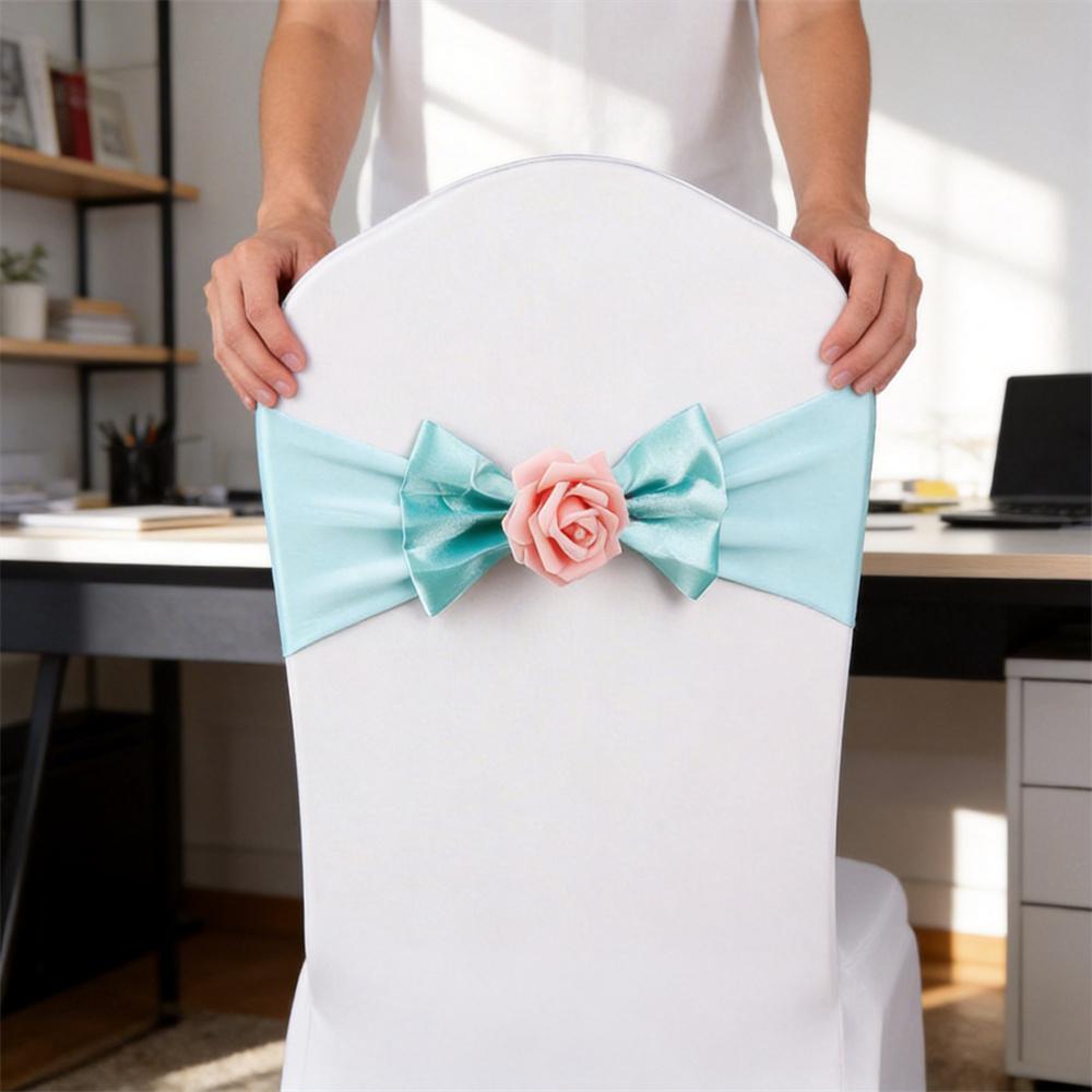 Stretch Chair Sashes Bow Knot Rose Flower Elastic Band Wedding Party Banquet Reception Hotel Event Decoration Chair Cover Sash