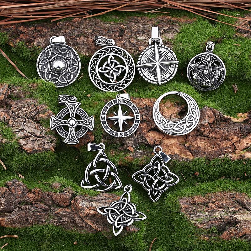 Rune Multi-Style Stainless Steel Amulet Shield Knot&Compass Pendant Necklace Men's and Women's Accessories Party Gift