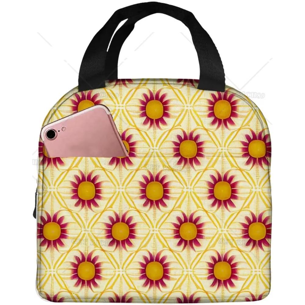 Orange and Yellow Flower Print Reusable Leakproof Lunch Box for Work Office Picnic Travel Portable Insulated Lunch Bag for Women